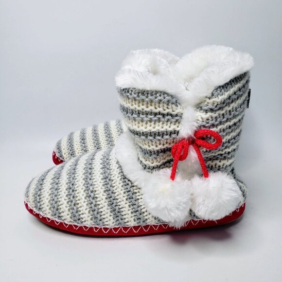Totes Toasty Knitted Striped Furry Lined Memory Foam Boot Slippers M - Picture 3 of 10